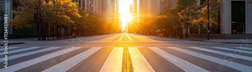 Modern urban architecture and intricate crosswalk design on a bustling city street. photo