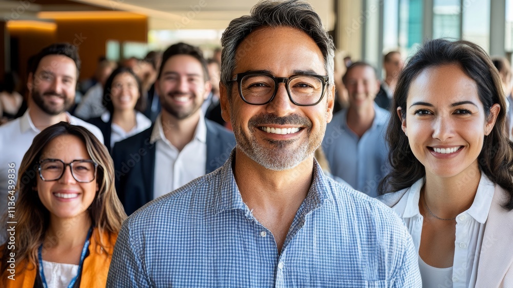 Team of professionals smiling together in a bright office setting Team of professionals smiling together in a bright office setting