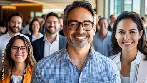 Team of professionals smiling together in a bright office setting