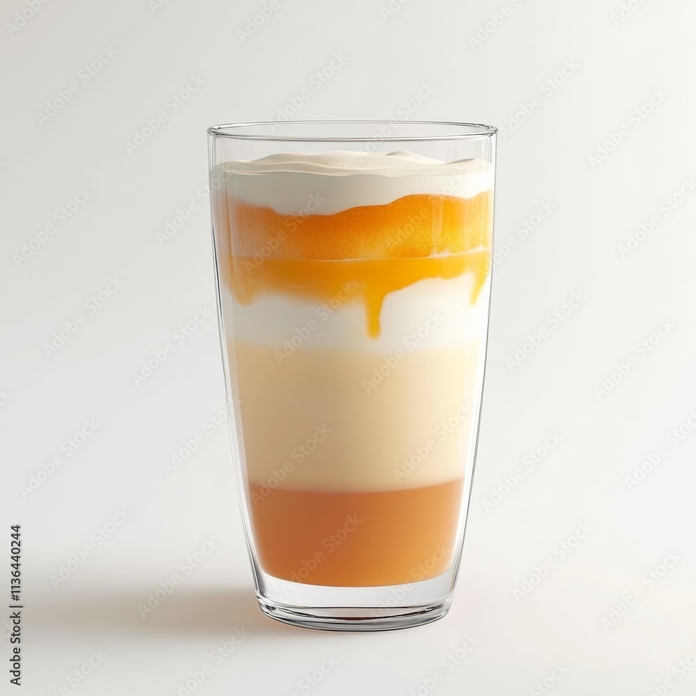 3D rendering of a single glass of Thai milk tea with layers of orange and cream in a transparent cup on a white background isolated with minimal design 3D rendering of a single glass of Thai milk tea with layers of orange and cream in a transparent cup on a white background isolated with minimal design