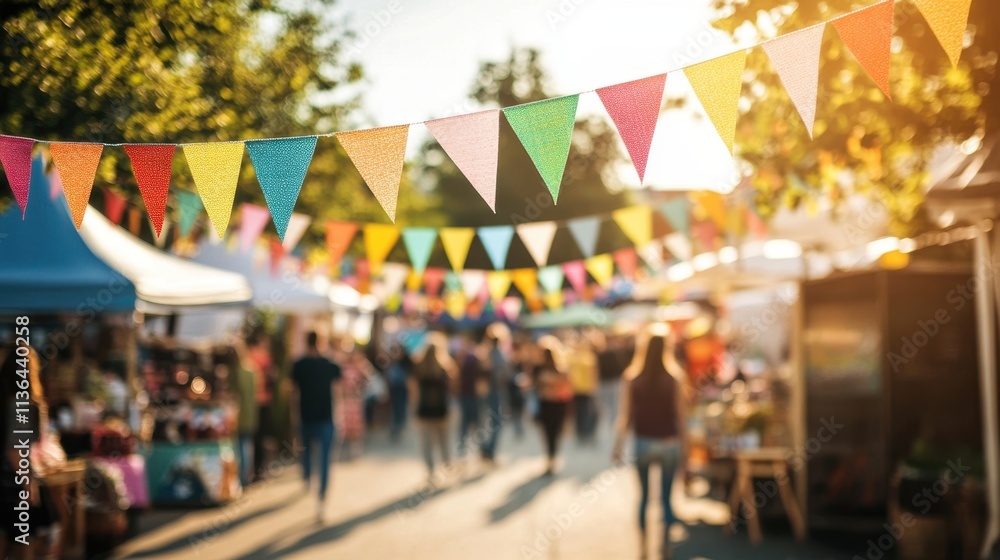 Obraz premium Summer outdoor festival with colorful bunting flags attracts crowds of people to have fun