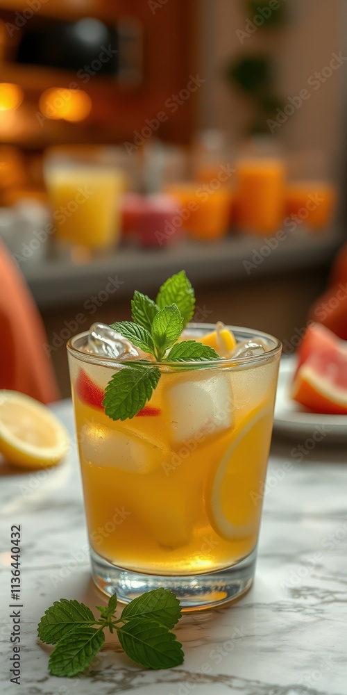 Refreshing drink garnished with mint leaves on a marble table with colorful beverages in the background Refreshing drink garnished with mint leaves on a marble table with colorful beverages in the background