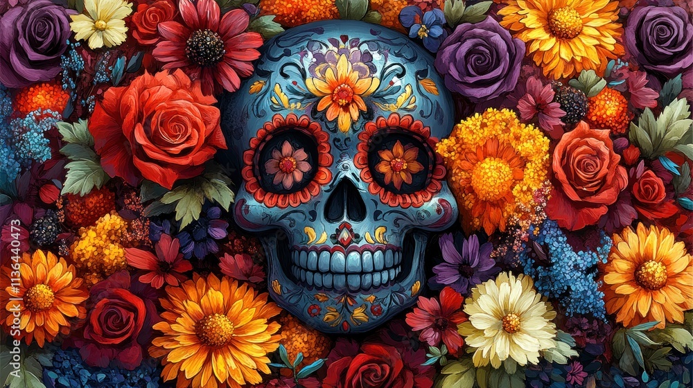 Colorful skull surrounded by vibrant flowers Colorful skull surrounded by vibrant flowers
