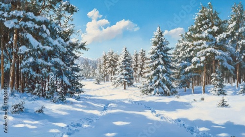 Snowy winter forest scene with footprints.