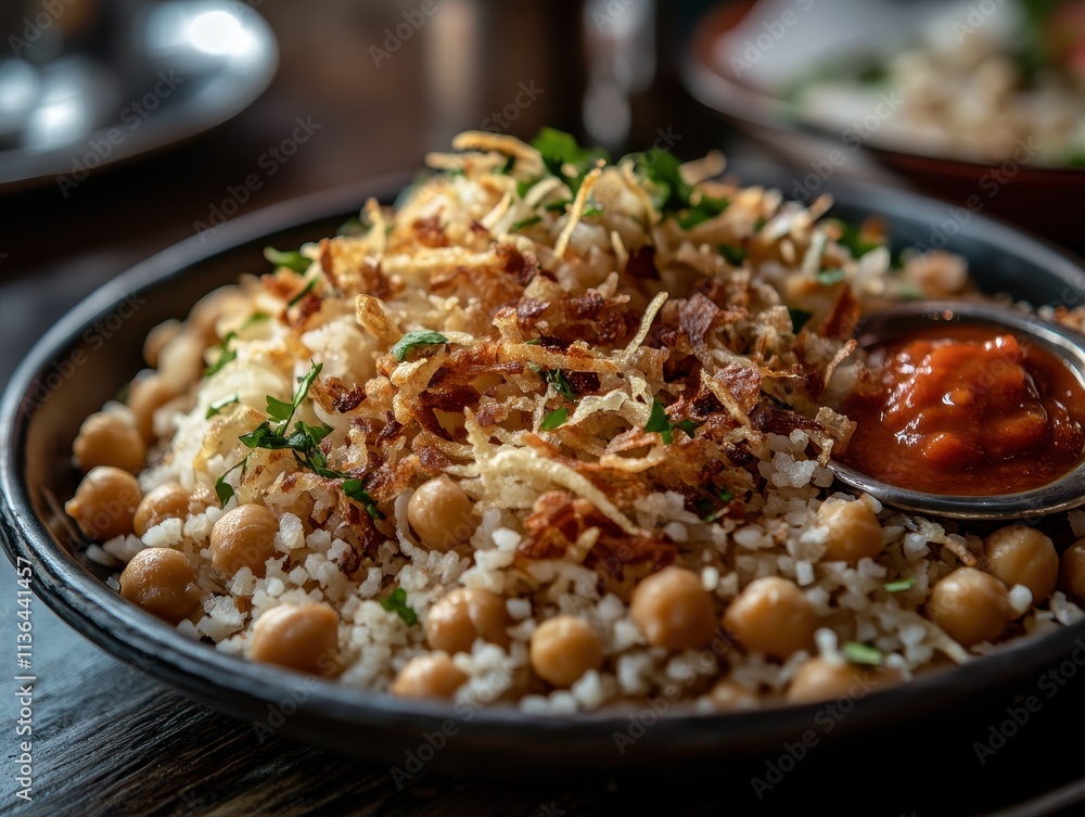 A delicious plate of rice with chickpeas, topped with crispy onions and a side of sauce. A delicious plate of rice with chickpeas, topped with crispy onions and a side of sauce.