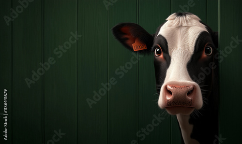 A green solid background, with varying light and shade, Black and white fur,and a cow's head peeking out. Cute appearance. photo