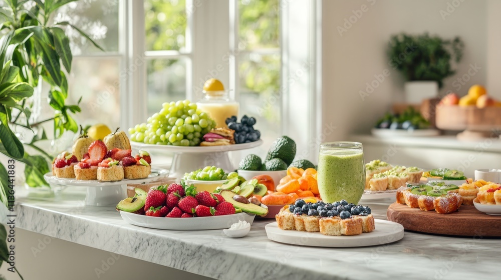 Fresh fruits and smoothies on marble counter, healthy breakfast setup, natural light, vibrant colors, delicious display Fresh fruits and smoothies on marble counter, healthy breakfast setup, natural light, vibrant colors, delicious display