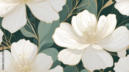 A minimalist line art wall mural featuring large,white flowers with long stems and delicate petals.The background is a soft, neutral color with abstract shapes in green and gold