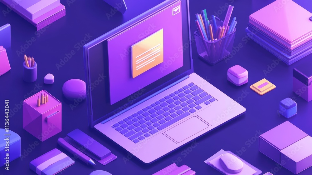 Modern Workspace with Laptop and Stationery in Vibrant Colors Modern Workspace with Laptop and Stationery in Vibrant Colors