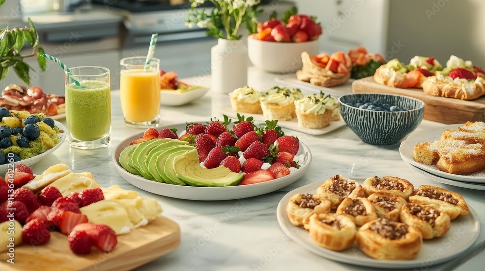 Delicious Breakfast Spread, Fresh Fruit and Pastries, Healthy Morning Meal, Brunch Table Setting Delicious Breakfast Spread, Fresh Fruit and Pastries, Healthy Morning Meal, Brunch Table Setting
