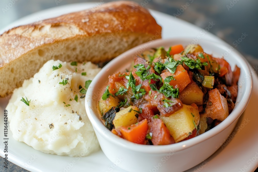A plate featuring mashed potatoes, a vegetable medley, and a slice of bread. A plate featuring mashed potatoes, a vegetable medley, and a slice of bread.