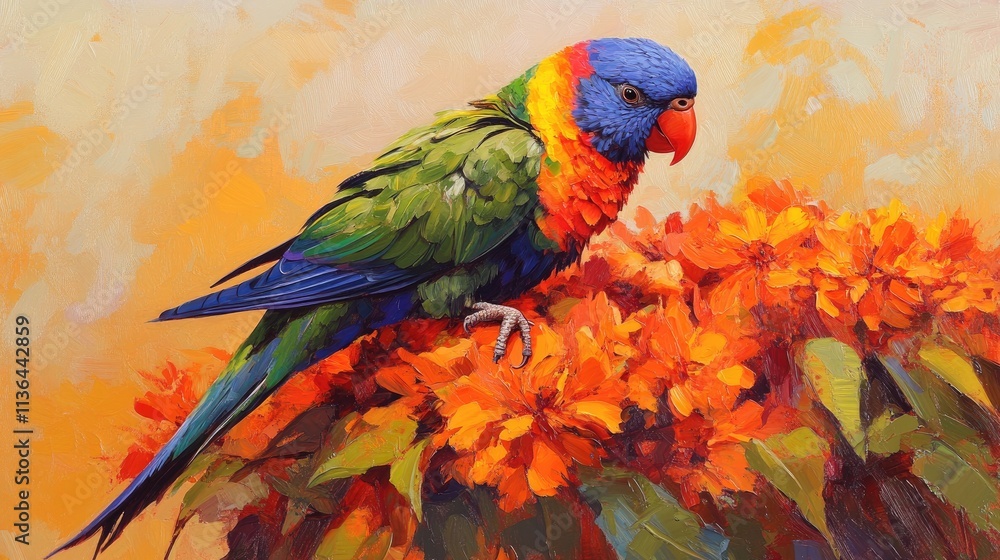 Obraz premium Vibrant Parrot Sitting on Colorful Flowers in Natural Habitat