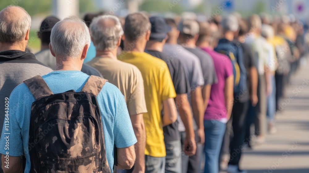 Crowd of waiting people forms a queue standing on the sidewalk on a sunny summer day Crowd of waiting people forms a queue standing on the sidewalk on a sunny summer day