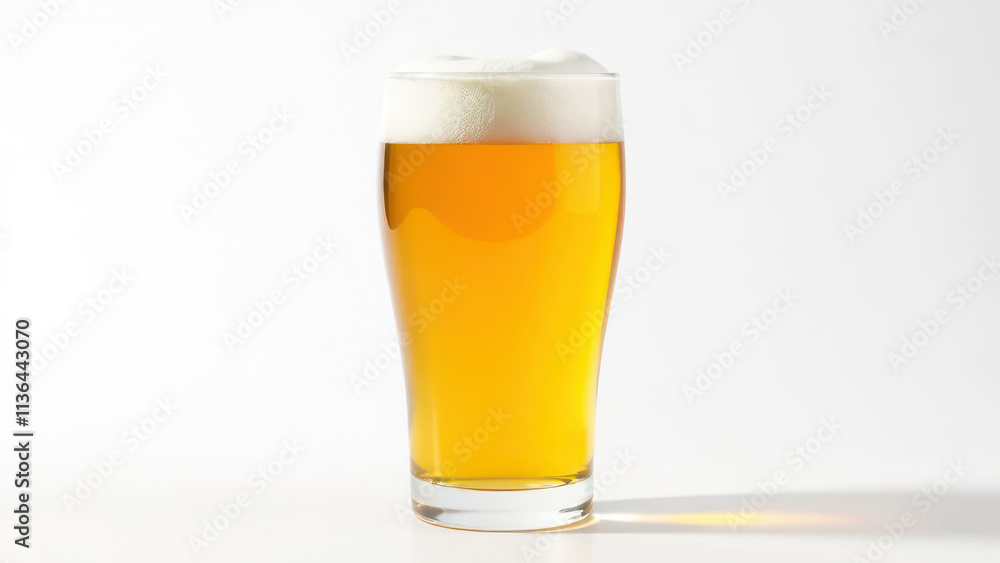 Refreshing pint of golden beer with foamy head on clean white background Refreshing pint of golden beer with foamy head on clean white background
