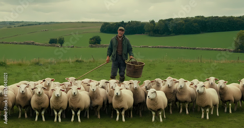 Shepherd Guiding his Flock: A lone shepherd, wearing a traditional hat and vest, leads a large flock of sheep across a rolling green hillside.