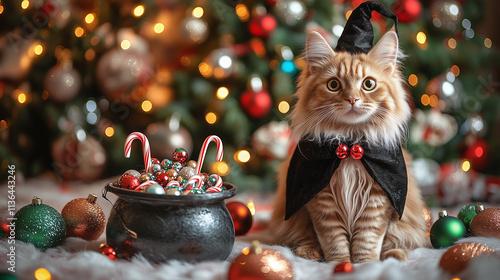 Maine Coon cat dressed as witch sits near cauldron filled with candy canes and ornaments, surrounded by festive Christmas decorations and glowing lights