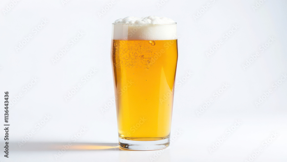 Refreshing pint of golden beer with foamy head in glass against white background Refreshing pint of golden beer with foamy head in glass against white background
