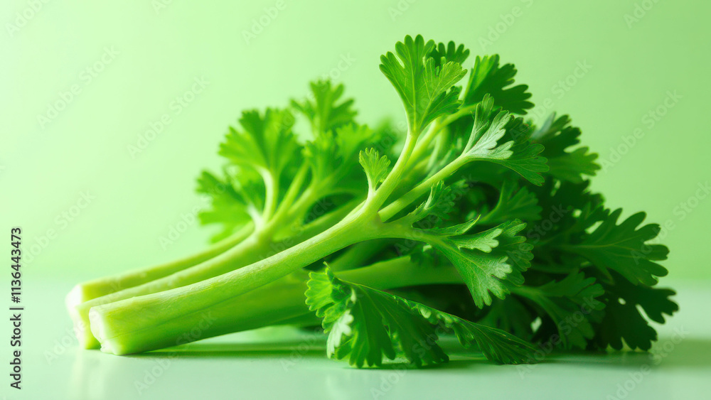 Fresh green cilantro leaves on vibrant background Fresh green cilantro leaves on vibrant background