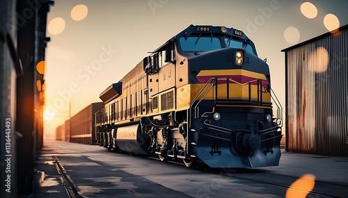 Modern Freight Train at Sunset Rolling Through Yard photo