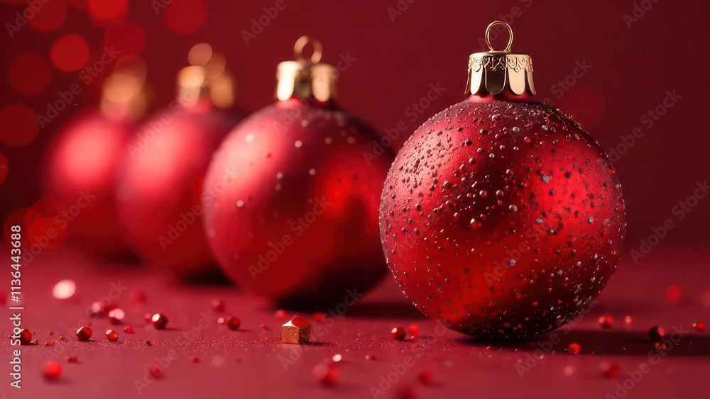 Stunning red christmas ornaments with glitter on a festive background Stunning red christmas ornaments with glitter on a festive background