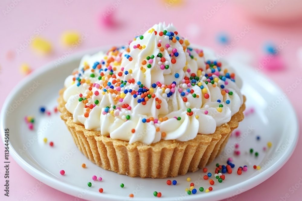 Freshly baked mini tart sitting on a white plate, topped with whipped cream and colorful candy beads, creating a festive treat against a vibrant pink backdrop Freshly baked mini tart sitting on a white plate, topped with whipped cream and colorful candy beads, creating a festive treat against a vibrant pink backdrop