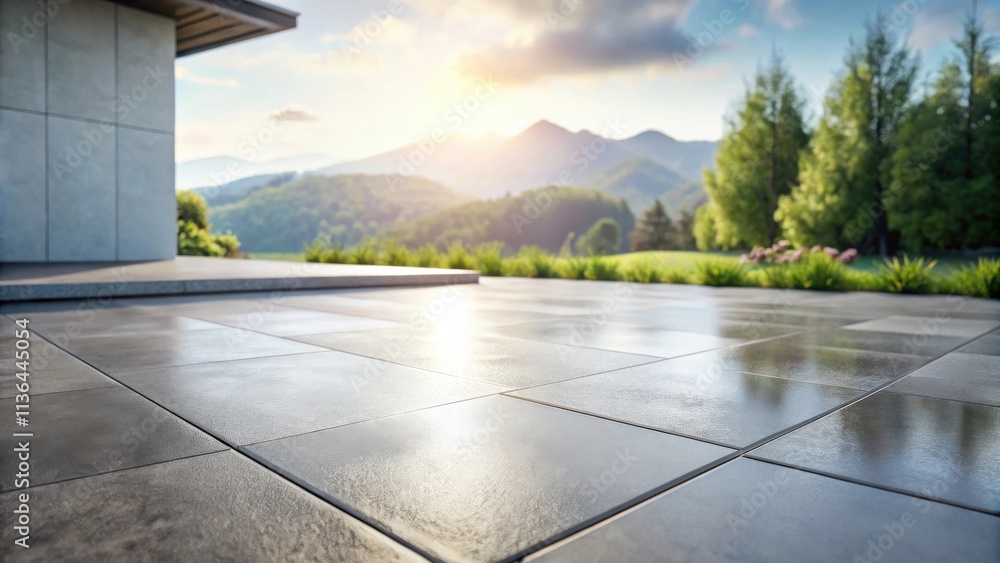 Fototapeta premium Serene Patio Modern Home Design with Mountain View and Lush Greenery