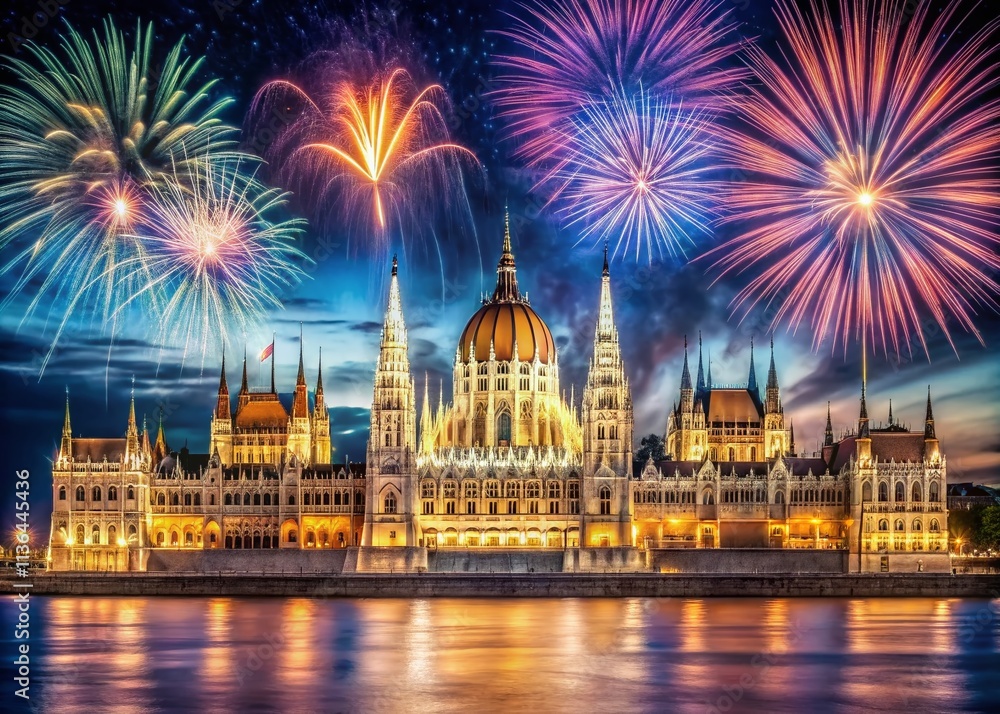 Naklejka premium Budapest Fireworks Parliament Night Photography Urban Exploration