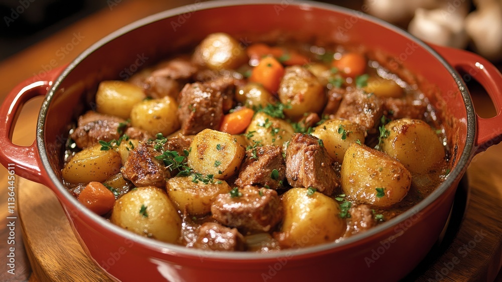 Hearty beef stew with potatoes and carrots in a rustic pot Hearty beef stew with potatoes and carrots in a rustic pot