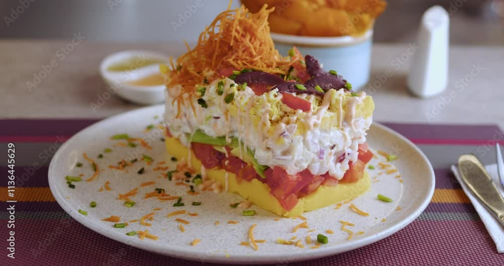 Well served and prepared Peruvian Causa with fresh ingredients, sits on a table in a restaurant Well served and prepared Peruvian Causa with fresh ingredients, sits on a table in a restaurant
