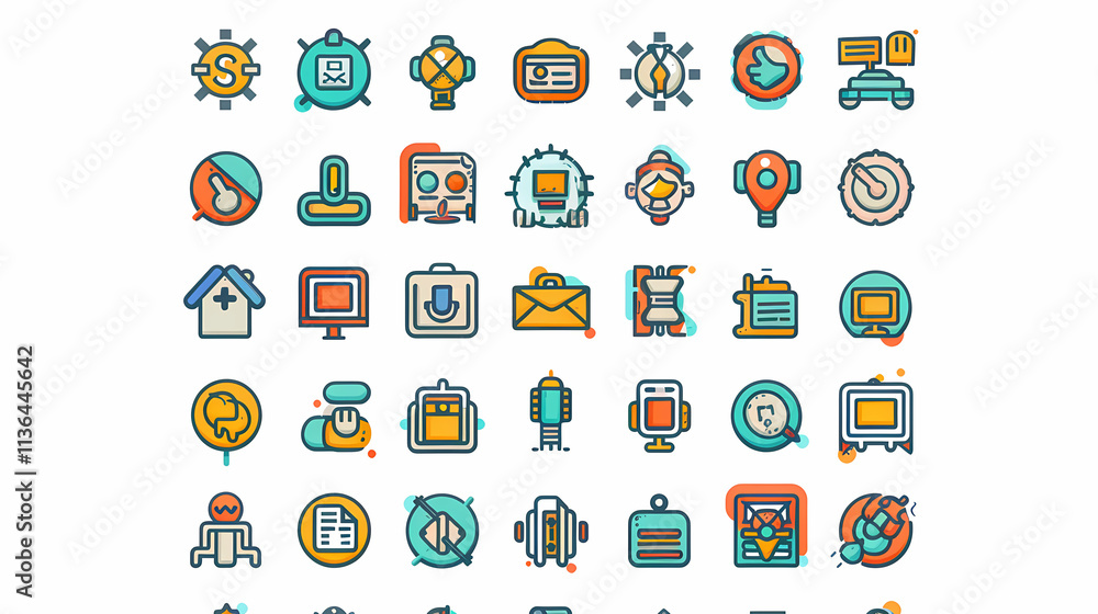 Colorful User Interface Icons: A vibrant collection of 48 unique and modern UI icons, meticulously designed with a flat color style. Colorful User Interface Icons: A vibrant collection of 48 unique and modern UI icons, meticulously designed with a flat color style.