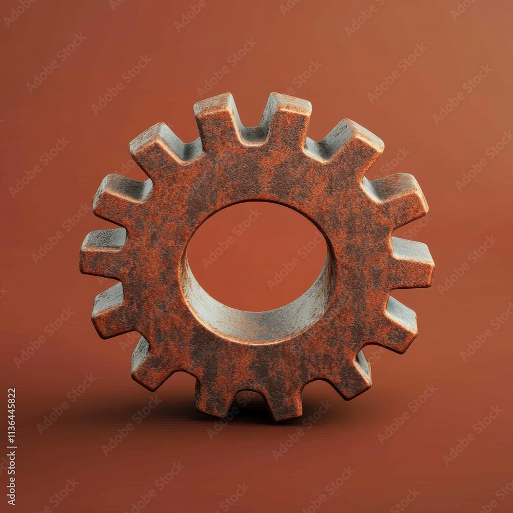 Weathered Industrial Gear on Rust-Colored Background Weathered Industrial Gear on Rust-Colored Background