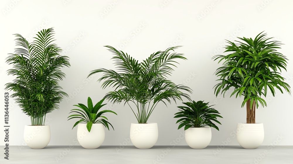 A collection of indoor potted plants in modern white pots, showcasing various sizes and types, enhancing the minimalist decor. A collection of indoor potted plants in modern white pots, showcasing various sizes and types, enhancing the minimalist decor.