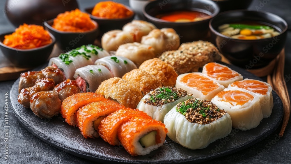 Delicious selection of sushi rolls and dim sum on a black plate Delicious selection of sushi rolls and dim sum on a black plate