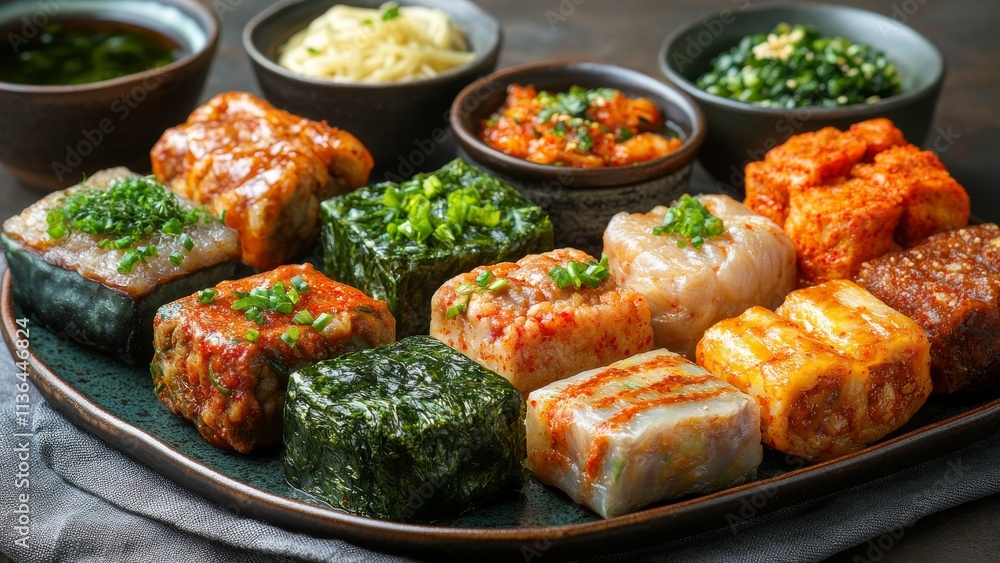 Variety of colorful and delicious dumplings served with sides Variety of colorful and delicious dumplings served with sides