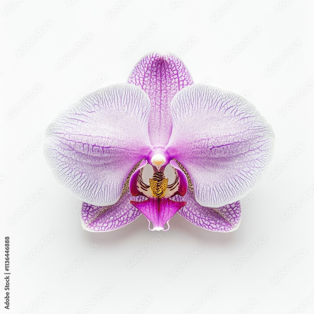 Fototapeta premium A stunning close-up of a pink and white orchid flower on a clean white background, perfect for floral designs, beauty products, or nature-themed projects, It evokes elegance and tranquility,