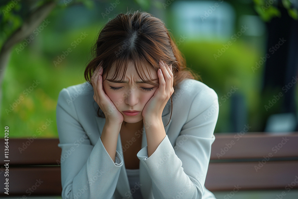 A Japanese woman in her thirties is sitting on a bench A Japanese woman in her thirties is sitting on a bench