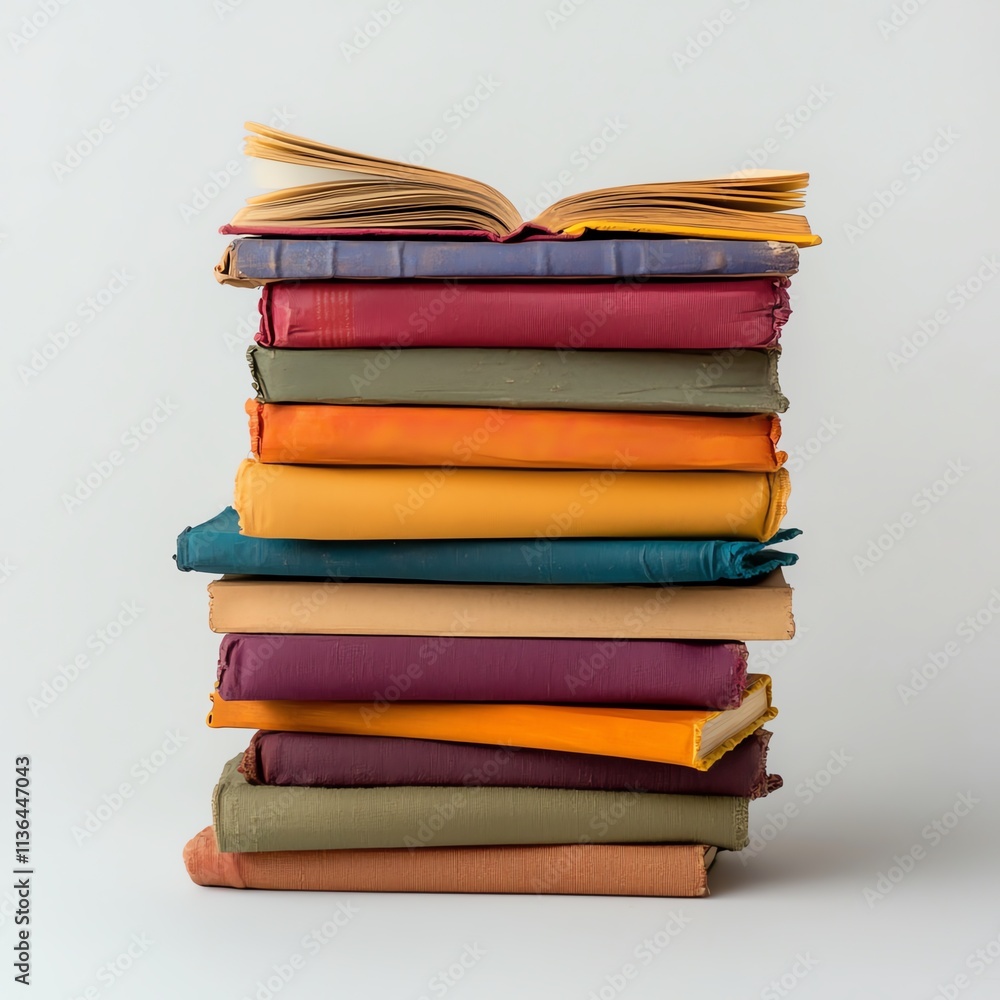 A colorful stack of books with an open book on top, showcasing a variety of textured covers and vibrant hues, perfect for a cozy reading atmosphere. A colorful stack of books with an open book on top, showcasing a variety of textured covers and vibrant hues, perfect for a cozy reading atmosphere.