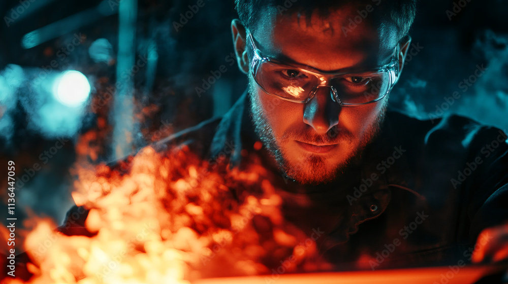 Worker in industrial setting using safety glasses to manage fire and smoke in factory or plant