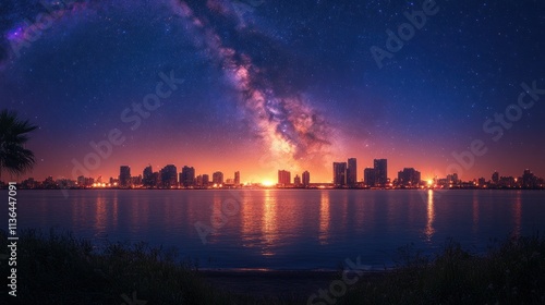 Night skyline with Milky Way over cityscape reflection