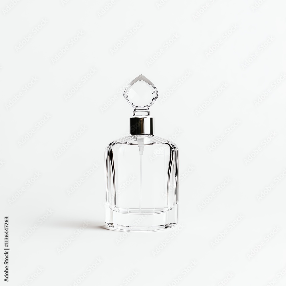 A sleek, transparent perfume bottle with a diamond-shaped cap, elegantly designed and set against a minimalist background. A sleek, transparent perfume bottle with a diamond-shaped cap, elegantly designed and set against a minimalist background.