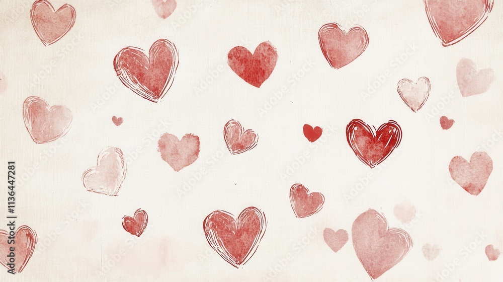 Scattered Watercolor Hearts on a Beige Background Scattered Watercolor Hearts on a Beige Background