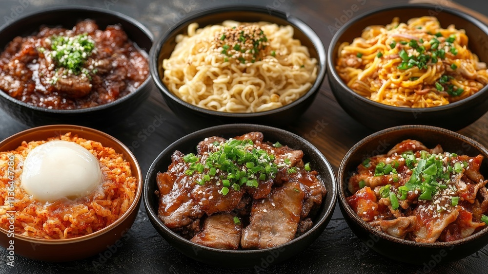 Varied selection of delicious Asian dishes served in bowls Varied selection of delicious Asian dishes served in bowls