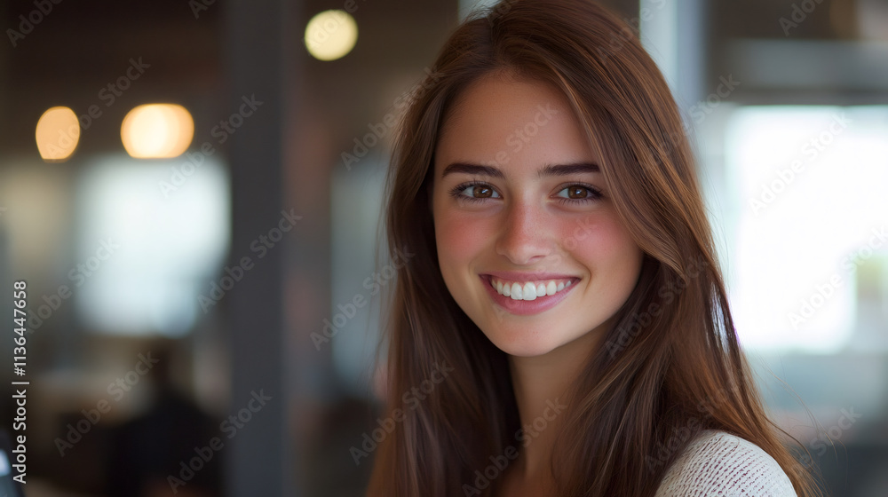 Portrait of a happy young woman with flawless smile posing in a contemporary office setting Portrait of a happy young woman with flawless smile posing in a contemporary office setting