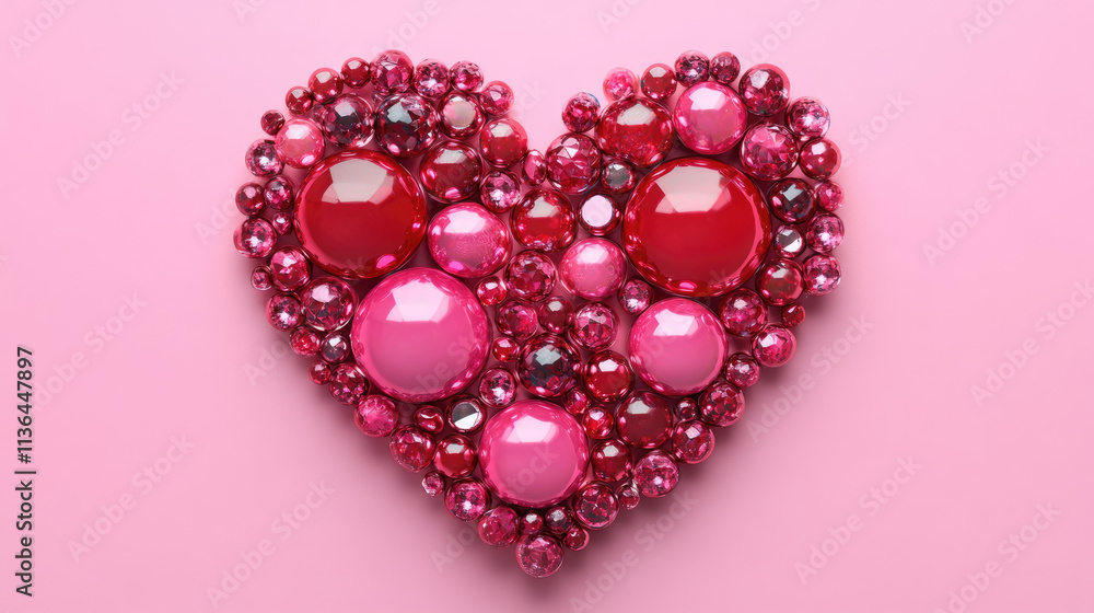 A heart-shaped arrangement of colorful gems on a pink background, symbolizing love and affection A heart-shaped arrangement of colorful gems on a pink background, symbolizing love and affection
