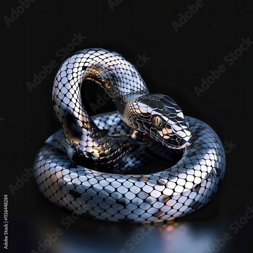 A sleek, metallic snake coiled intricately with shiny, reflective scales against a dark background, perfect for designs related to nature, luxury, or modern art themes photo