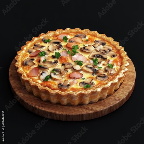 Savory Mushroom and Vegetable Quiche on Wooden Cutting Board