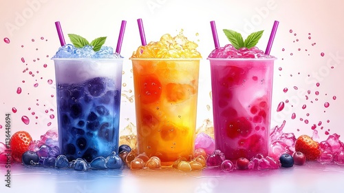 Wallpaper Mural Refreshing Summer Drinks in Colorful Cups with Bubbles and Ice, Perfect for Hot Days, Featuring Blue, Orange, and Pink Thirst-Quenching Beverages with Fruit Garnish Torontodigital.ca