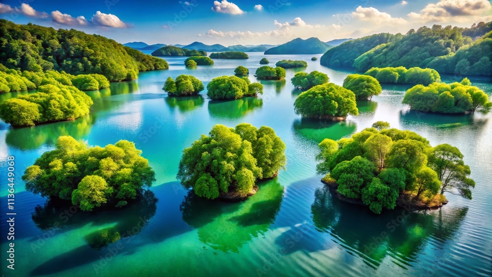 Captivating Floating Islands with Lush Green Trees and Reflections in Calm Waters, Showcasing the Beauty of Nature's Unique Ecosystems and Tranquil Landscapes