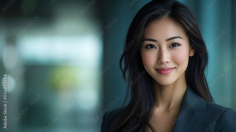 Fototapeta premium Young asian businesswoman exuding confidence and success while posing in a modern office building