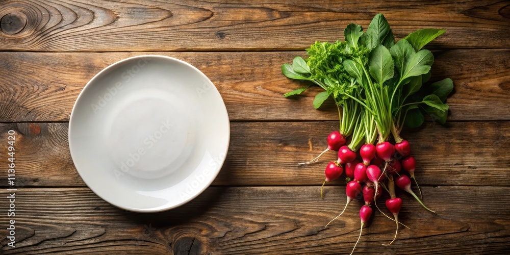 A rustic wooden table setting with a blank white plate and a bunch of fresh radishes A rustic wooden table setting with a blank white plate and a bunch of fresh radishes
